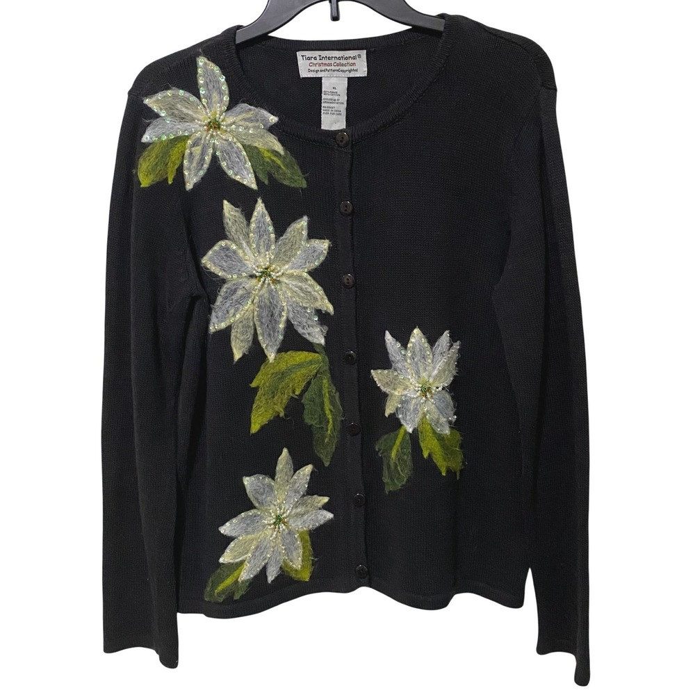 Vintage 80s Holiday Christmas‎ Cardigan Sweater Poinsettia XL Dark Gray Beaded